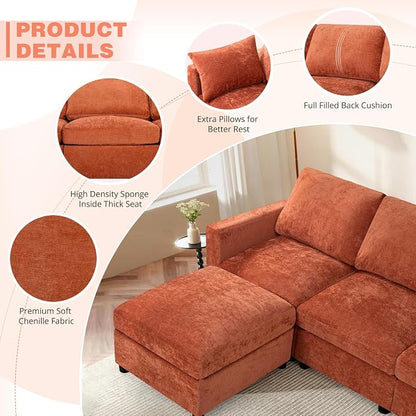 110” Chenille 4-Seats Sofa W/Two Movable Ottomans, Orange | Modern Fabric U-Shaped Couch w/Soft Backrests, Upholstered Sectional Sofa w/Arm Pillows for Living Room, Office