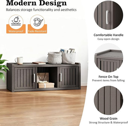 2-Tier Storage Bench, Waterproof UV-Resistant Outdoor Shoe Storage Cabinet with 2 Doors & Adjustable Shelves for Indoor Outdoor Entryway, Hallway, Living Room(Classic Grey)