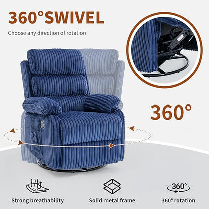 Premium Velvet 360° Swivel Recliner - High Back Gliding Rocking Chair Nursery Recliner Chair, Plush Footrest, Supportive Armrests & Side Pocket, Great for Nursery & Living Room, Blue