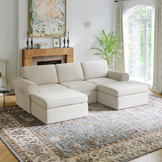 Novilla 108" Modular Sectional Sofa, Modular Sectional Couches for Living Room, Chenille Removable Cover Boneless Couch with Smarts Coil® Support U-Shaped Couch(Beige, 3 Seater + 2 Ottoman)