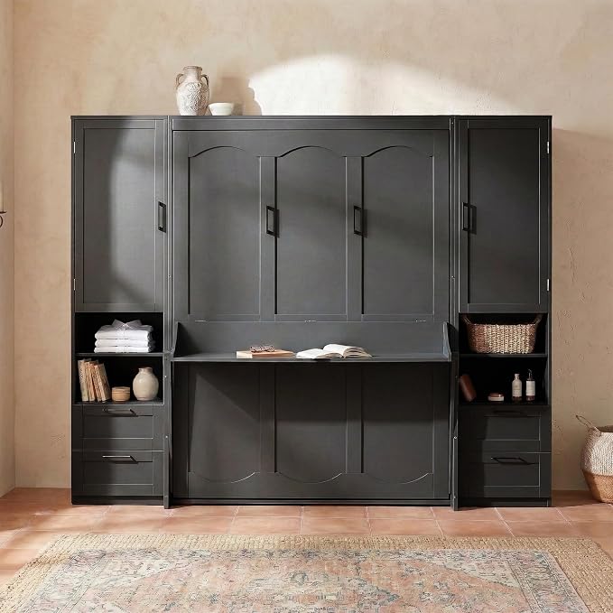 Merax Queen Size Murphy Bed with Desk, Closet, Drawers and Shelves, Fold into The Wall, Space-Saving Foldable Wood Platform Bed Frame for Small Spaces Studio Study Office Guest Room, Black(Oak Veneer)