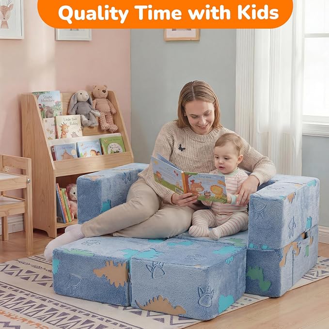 MeMoreCool Modular Kids Couch Dinosaur, Glow Dino Play Toddler Couch for Bedroom, Convertible Foam Kids Sofa Bed, Fold Out Baby Sofa for Girl Boy