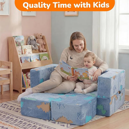 MeMoreCool Modular Kids Couch Dinosaur, Glow Dino Play Toddler Couch for Bedroom, Convertible Foam Kids Sofa Bed, Fold Out Baby Sofa for Girl Boy