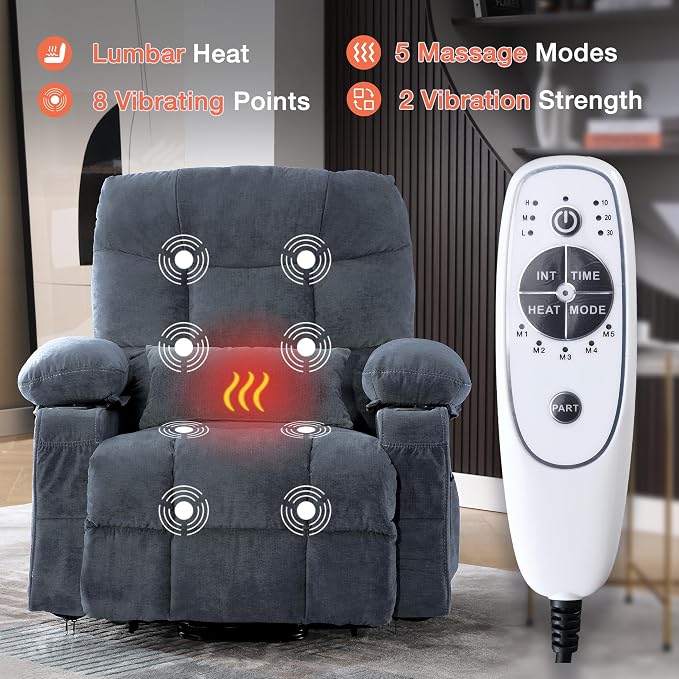 MAHOMICO Power Lift Recliner Chair for Elderly with Vibration Massage and Lumbar Heating, Electric Lift Recliner Single Sofa with Side Pocket, Two Cup Holders and USB Charge Port for Living Room