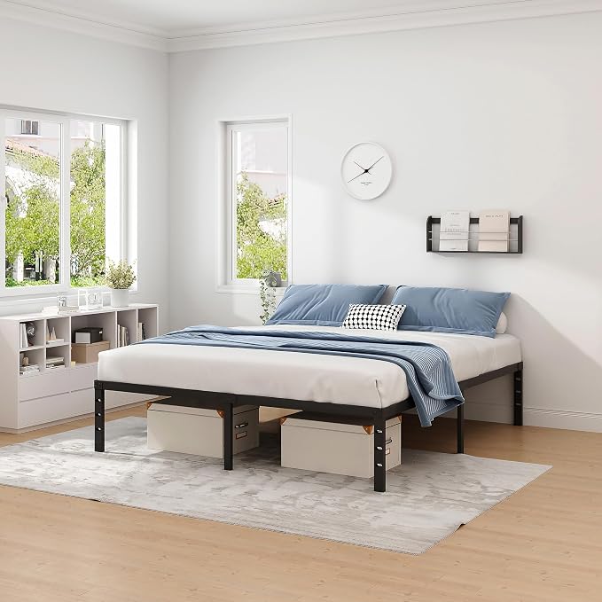 NEW JETO Metal Bed Frame,King Size Bed Frame with Storage Space,Heavy Duty Sturdy Mattress Foundation,Easy Assembly,No Box Spring Needed, Black,18 Inch,King