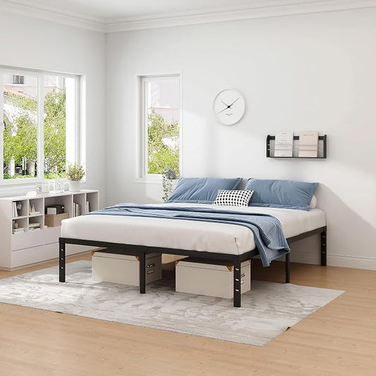 NEW JETO Metal Bed Frame,Queen Size Bed Frame with Storage Space,Heavy Duty Sturdy Mattress Foundation,Easy Assembly,No Box Spring Needed, Black,16 Inch,Queen