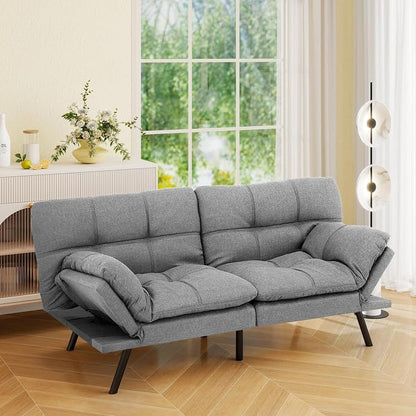Vipbear 71" Futon Sofa Bed - Convertible Sofa Beds/Adjustable Backrest & Armrest,Detachable Cushion, Loveseat Sleeper for Small Spaces, Apartments & Offices, Silver Grey Futons