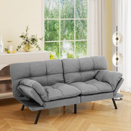 Vipbear 71" Futon Sofa Bed - Convertible Sofa Beds/Adjustable Backrest & Armrest,Detachable Cushion, Loveseat Sleeper for Small Spaces, Apartments & Offices, Silver Grey Futons