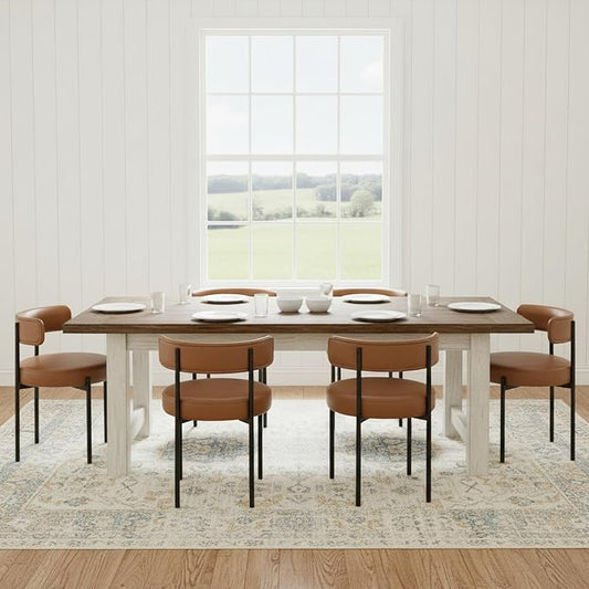 Faux Leather Dining Chairs Set of 6, Upholstered Kitchen and Dining Room Chairs, Mid-Century Modern Dining Chairs with Round Back and Black Metal Legs, Vegan Leather, Brown