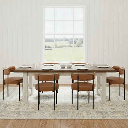 Faux Leather Dining Chairs Set of 4, Upholstered Kitchen and Dining Room Chairs, Mid-Century Modern Dining Chairs with Round Back and Black Metal Legs, Vegan Leather, Brown