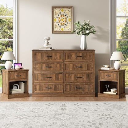 CARPETNAL Farmhouse Dresser and Nightstand Sets for Bedroom, 3 Pcs Bedroom Set, 8 Drawer Dresser & Nightstand Set of 2, Modern Wood Chest of Drawers for Bedroom, Living Room, Entryway, Brown