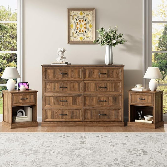 CARPETNAL Farmhouse Dresser and Nightstand Sets for Bedroom, 3 Pcs Bedroom Set, 8 Drawer Dresser & Nightstand Set of 2, Modern Wood Chest of Drawers for Bedroom, Living Room, Entryway, Brown
