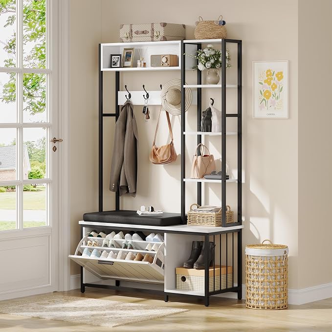 Hall Tree Coat Rack, Hall Tree With Bench and Shoe Storage Shoe With, Mud Room Storage Furniture，39.37 X 15.74 X 69.69 Inches, Rustic White