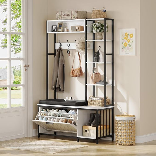 Hall Tree Coat Rack, Hall Tree With Bench and Shoe Storage Shoe With, Mud Room Storage Furniture，39.37 X 15.74 X 69.69 Inches, Rustic White