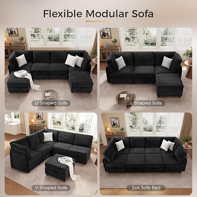 KKL Modular Sectional Sofa U-Shaped 6 Seater Couch with Storage Ottoman, Convertible L-Shaped Plush Wide-Wale Corduroy Couch for Living Room, Apartment, Modern Design, Black