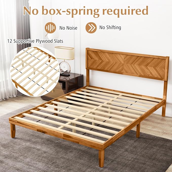 KOMFOTT Queen Acacia Wood Bed Frame with Headboard, Solid Wood Platform Bed Frame, Wooden Slats Supported Bed Base with Under-Bed Storage Space, No Box Spring Needed Mattress Foundation
