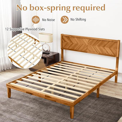 KOMFOTT Queen Acacia Wood Bed Frame with Headboard, Solid Wood Platform Bed Frame, Wooden Slats Supported Bed Base with Under-Bed Storage Space, No Box Spring Needed Mattress Foundation