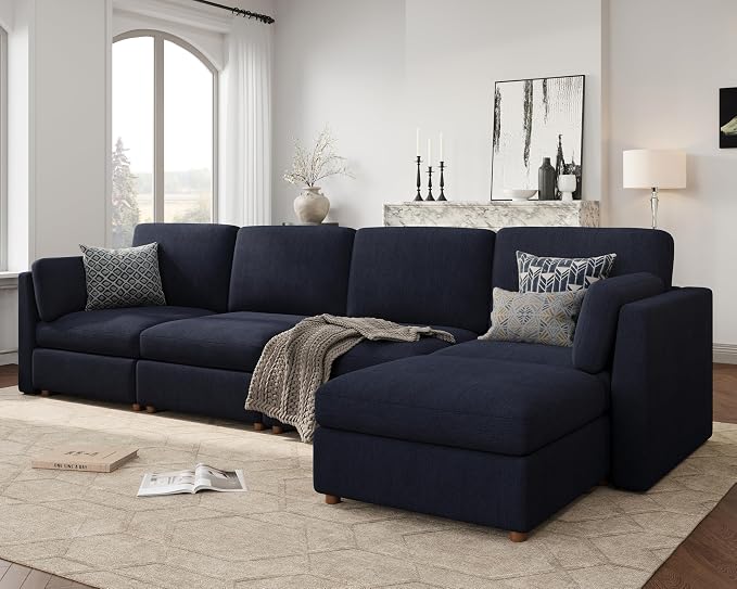 Oversized Modular Sectional Sofa L-Shaped Cloud Couches Blue | 150'' Deep Seat Couch for Living Room, 5-Seater Luxury Corner sofa with Ottoman, Solid Wood Frame, Removable Washable Cover