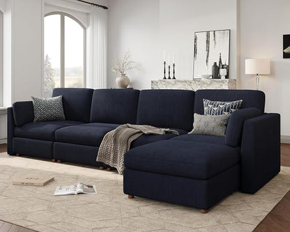 Oversized Modular Sectional Sofa L-Shaped Cloud Couches Blue | 150'' Deep Seat Couch for Living Room, 5-Seater Luxury Corner sofa with Ottoman, Solid Wood Frame, Removable Washable Cover
