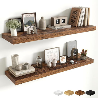 Fun Memories Floating Shelves Set of 2, 40 Inch Long Wooden Wall Shelves, 10 Inch Deep Wall Mounted Storage Shelf with Metal Brackets for Living Room, Bathroom, Bedroom and Kitchen, Rustic Brown