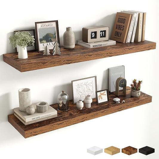 Fun Memories Floating Shelves Set of 2, 40 Inch Long Wooden Wall Shelves, 10 Inch Deep Wall Mounted Storage Shelf with Metal Brackets for Living Room, Bathroom, Bedroom and Kitchen, Rustic Brown