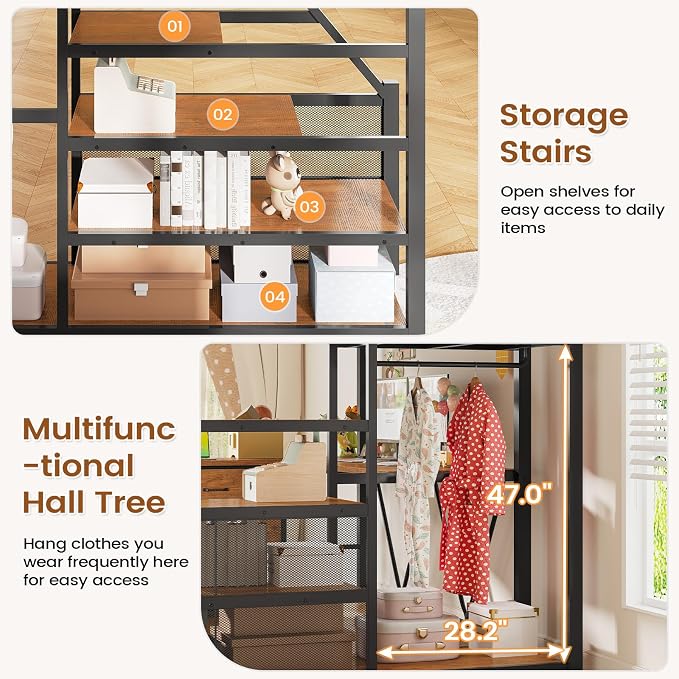 Itaar Full Size Loft Bed with Desk and Storage Stairs, Metal Loft Bed with 6 Storage Drawers, Hall Tree, LED Lights and Power Outlet, for Kids, Teens, Adults, (Rustic Brown, Full)