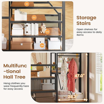 Itaar Full Size Loft Bed with Desk and Storage Stairs, Metal Loft Bed with 6 Storage Drawers, Hall Tree, LED Lights and Power Outlet, for Kids, Teens, Adults, (Rustic Brown, Full)