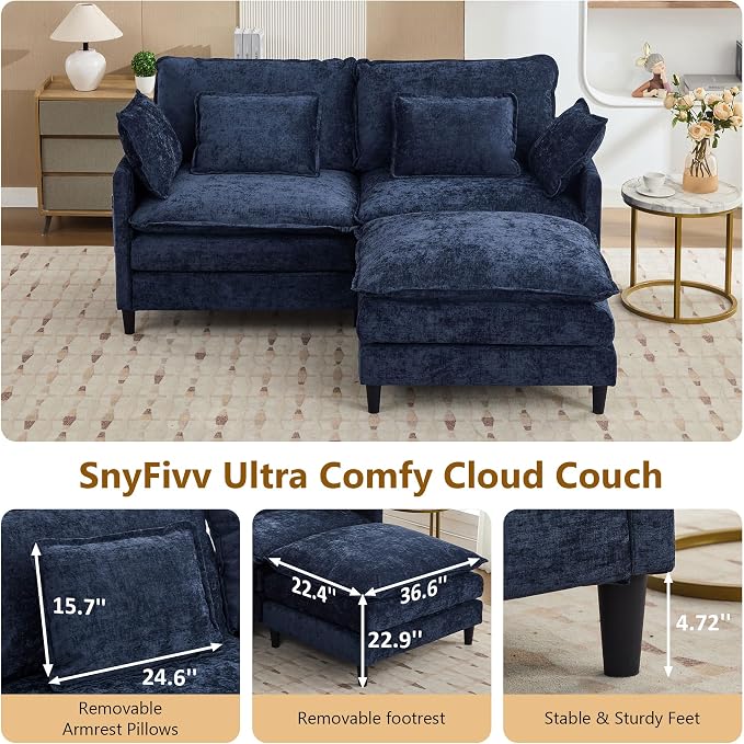 113" Chenille Modular Sectional Sofa, Convertible L Shaped Modular Sofa Comfy Cloud Couch with Ottoman, Side Pockets and 5 Throw Pillows for Living Room (Blue, 75.3" - 3 Seats)
