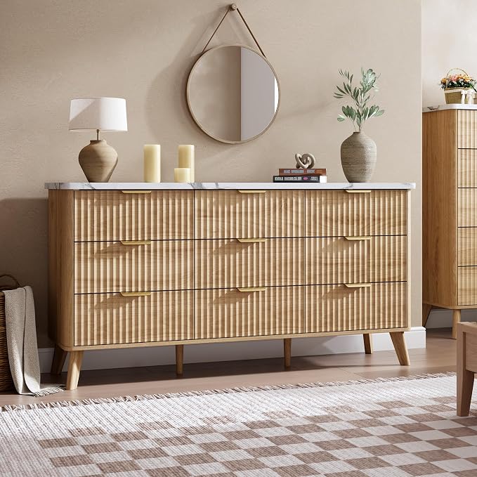 Fluted Dresser for Bedroom with 9 Deep Drawers, 60.6" Wide Modern Chest of Drawer with Faux Marble Top, Wooden Dresser TV Stand, Curved Profile Design, for Living Room, Kids Room, Hallway, Natural Oak