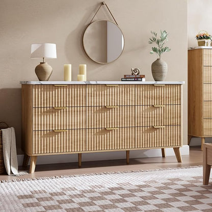 Fluted Dresser for Bedroom with 9 Deep Drawers, 60.6" Wide Modern Chest of Drawer with Faux Marble Top, Wooden Dresser TV Stand, Curved Profile Design, for Living Room, Kids Room, Hallway, Natural Oak