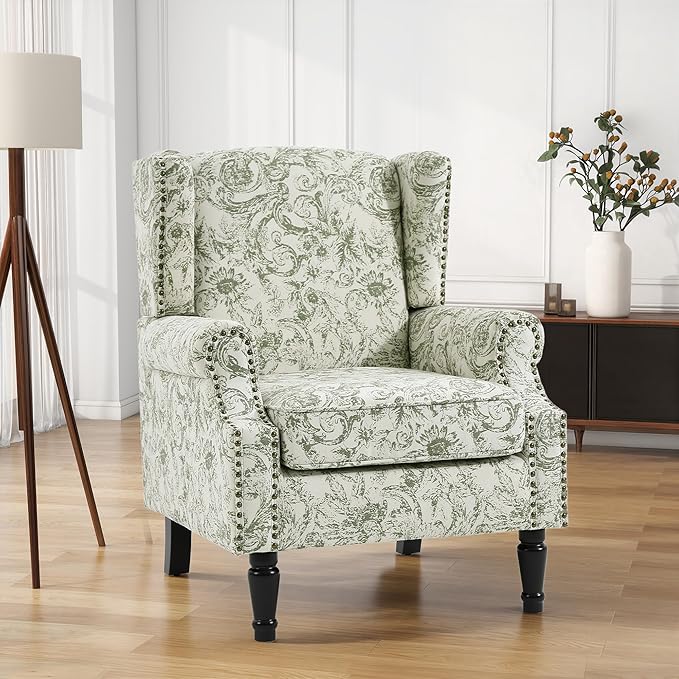 High Back Accent Chair, Fabric Upholstered Armchair for Living Room, Floral Printed Wingback Arm Chair with Solid Wood Legs, Retro Nailhead Trim Single Sofa Bedroom Reading Seat - Rococo Green