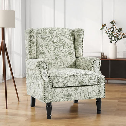 High Back Floral Accent Chairs Set of 2, Fabric Upholstered Armchair Wingback Arm Chair for Living Room, Nailhead Trim Single Sofa Bedroom Side Reading Seat with Solid Wood Legs - Rococo Green