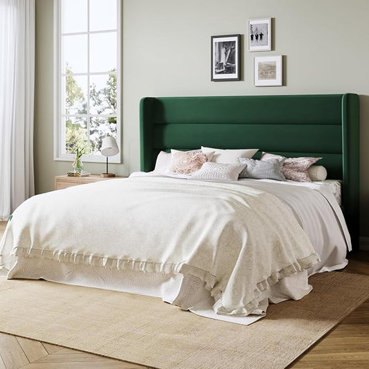Allewie King Size Platform Bed Frame with Velvet Upholstered Wingback Headboard, No Box Spring Needed, Strong Wooden Slats, Under Bed Storage Space, Modern Mattress Foundation, Easy Assembly, Green