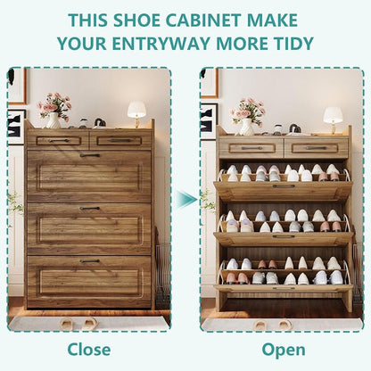 Shoe Cabinet with 3 Large Flip Drawers and 2 Storage Drawers, Narrow Shoe Organizer Cabinet Fits for Kinds of Shoes, Slim Shoe Storage Cabinet for Entryway, Hallway, Walnut