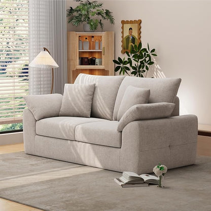 75.6" Boneless Loveseat Sofa, Polyester Fabric 2-Seater Couch with 4 Pillows, No Assembly Required, Soft High Density Foam Cushion, Rectangular Track Arm Sofa for Living Room Bedroom Apartment (Camel)