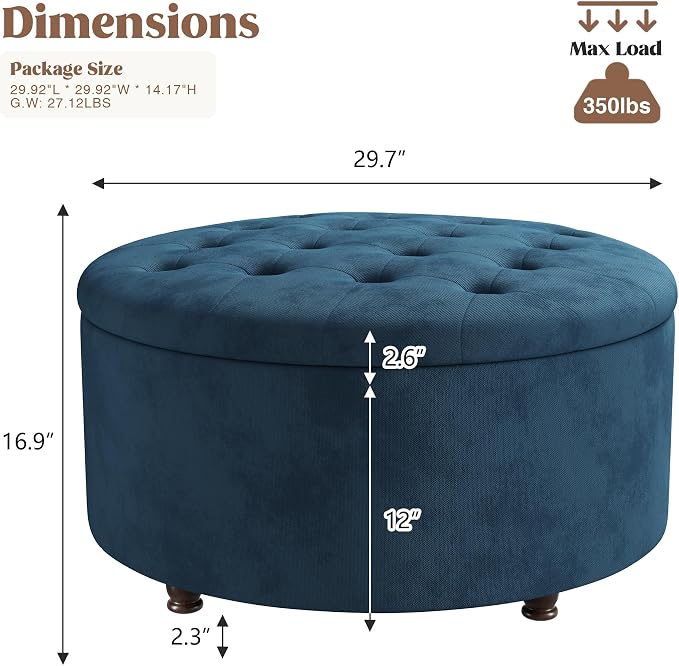 30 Inch Round Storage Ottoman,Modern Blue Tufted Ottomans,Circular Coffee Table with Removable Top,Upholstered Large Ottoman with Storage Footrest Stool for Bedroom Living Room (Blue)