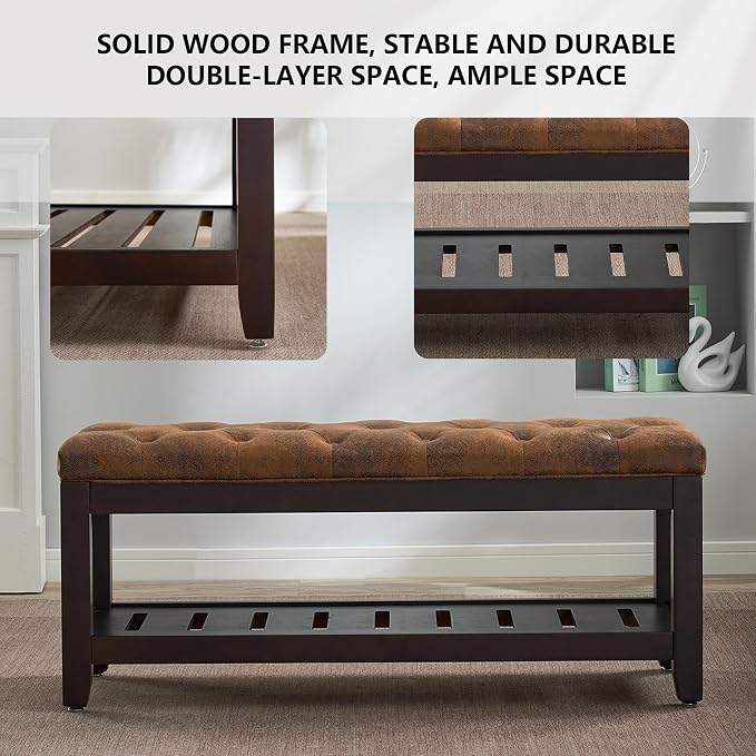 adochr PU Leather Large Rectangular Ottoman with Storage, Upholstered Entryway Bench for Living Room, Oversized Button Tufted Ottoman with Wood Shelf Storage, Brown