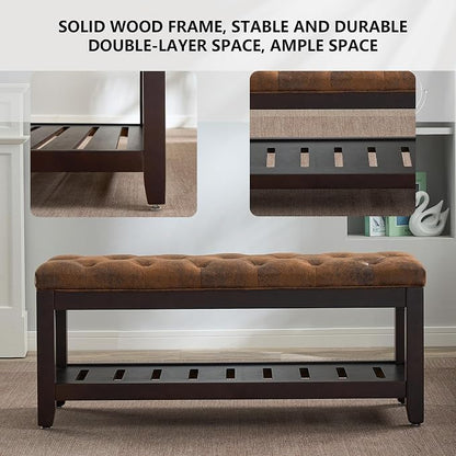 adochr PU Leather Large Rectangular Ottoman with Storage, Upholstered Entryway Bench for Living Room, Oversized Button Tufted Ottoman with Wood Shelf Storage, Brown