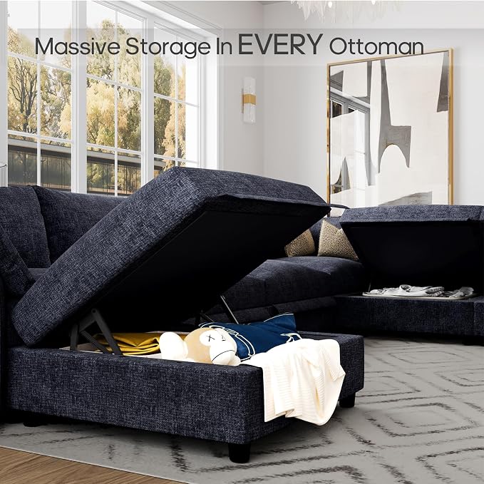 DreamDashio 126″ 6-Seat Modular Sectional Sofa, Oversized Cloud Couch with Storage, Adjustable Arms & High Backs, Dark Grey Chenille for Living Room