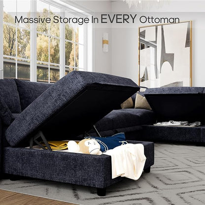 DreamDashio Oversized Sectional Couches for Living Room, 159" Extra Wide, Deep Cloud Modular Sectional Sofa with Storage, Adjustable Arms, High Backs, 9 Seater, Dark Grey Chenille