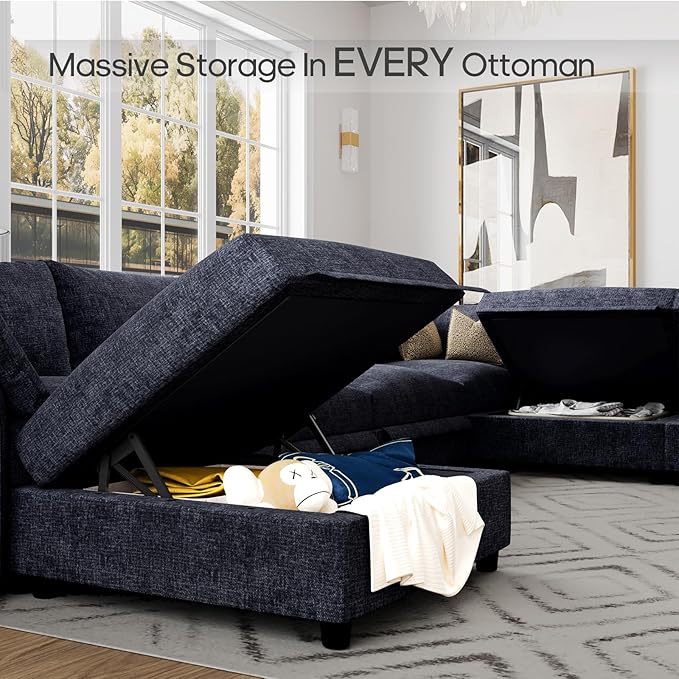 DreamDashio 159" 8-Seat U-Shaped Sectional Sofa, Oversized Modular Cloud Couch with Storage, Adjustable Arms & High Back, Dark Grey Chenille for Large Living Room