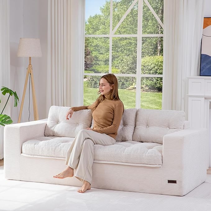 MAXYOYO 79" Loveseat Sofa Couch for Small Spaces, Upholstered Boneless Cloud Couch for Apartment Bedroom, 3-Seater Love Seat Floor Modern Sofa with Pillows, No Assembly Required, Beige