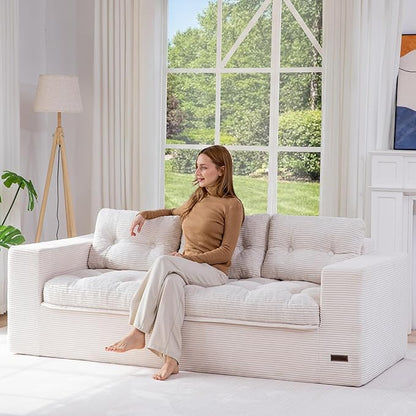 MAXYOYO 79" Loveseat Sofa Couch for Small Spaces, Upholstered Boneless Cloud Couch for Apartment Bedroom, 3-Seater Love Seat Floor Modern Sofa with Pillows, No Assembly Required, Beige