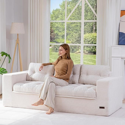 MAXYOYO 79" Loveseat Sofa Couch for Small Spaces, Upholstered Boneless Cloud Couch for Apartment Bedroom, 3-Seater Love Seat Floor Modern Sofa with Pillows, No Assembly Required, Beige