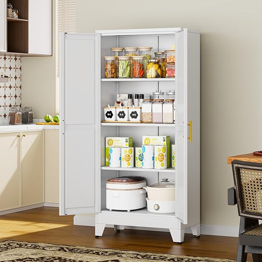 61" White Metal Storage Cabinet with 2 Doors and 3 Adjustable Shelves,Steel Garage Tool Cabinet, File Cabinet,Kitchen Pantry Cabinet for Home,Office,Garage,School,Warehouse
