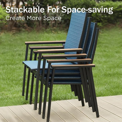 PHI VILLA 5 PCS Patio Dining Set, 4 Outdoor Aluminum Stackable Sling Chairs with Armrest & 1 Square Metal Dining Table with 1.57" Umbrella Hole, Outdoor Furniture for Deck Lawn Garden, Blue