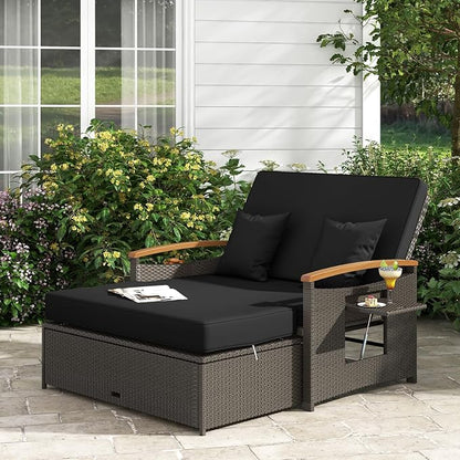 LDAILY Moccha Outdoor Wicker Daybed, Patio Rattan Loveseat Sofa w/ 4-Level Adjustable Backrest, Folding Panels, Storage Ottoman & Cushions, Lounge Furniture Set for Poolside Backyard Porch (Black)