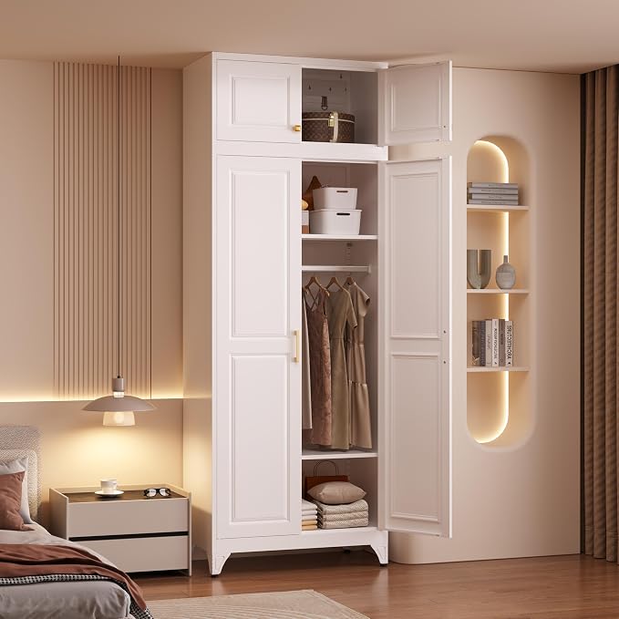 Armoire Wardrobe Closet with Hanging Rod, 86.6"Tall Metal Clothes Storage Cabinet with Doors and Adjustable Shelves, White Wardrobe Cabinet, Steel Closet for Bedroom, Bathroom, Office, School