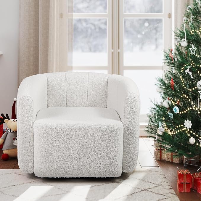 Giantex 360° Swivel Accent Chair Set of 2- Sherpa Upholstered Boucle Barrel Club Chair with Padded Armrests, Modern Round Arm Chair for Reading, Living Room, Bedroom, Office, White Teddy