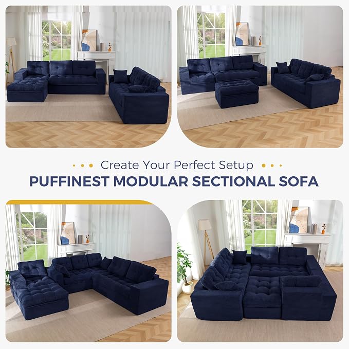 MAXYOYO Modular Sectional Sofa with Loveseat and Ottoman, Flexible Combination Cloud Boneless Couch with Layered Cushion for Living Room, No Assembly Required, Navy